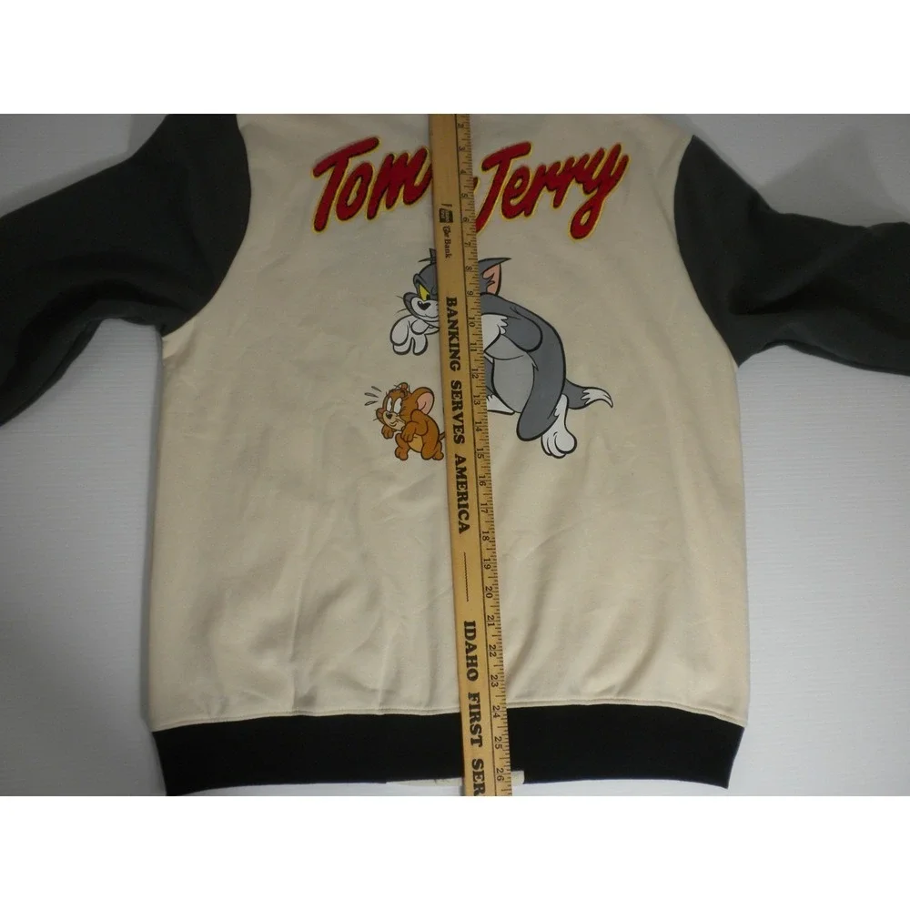 Tom and Jerry Jacket Mens M Beige Gray Snap Varsity Applique Cartoon Cat Mouse‎